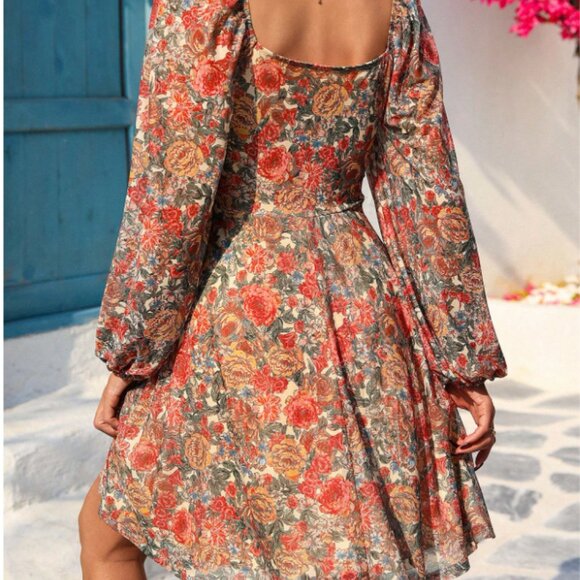 Casual Floral All-Over Print Cinched Waist Midi Dress - Picture 2 of 3